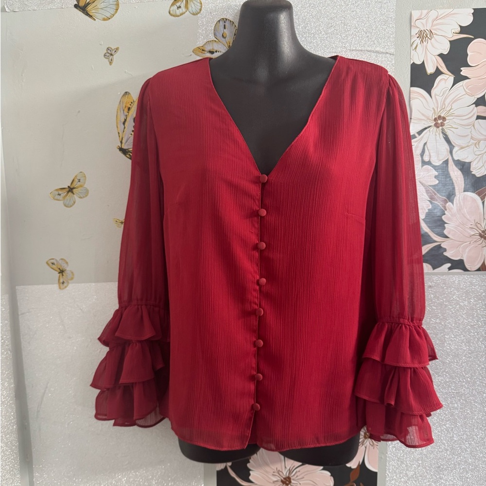 Express Deep Red Ruffled Sleeve Blouse